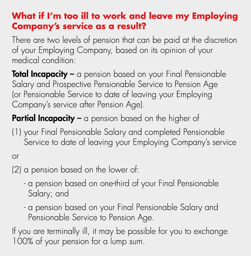 What if I’m too ill to work and leave my Employing Company’s service as a result? There are two levels of pension tha...