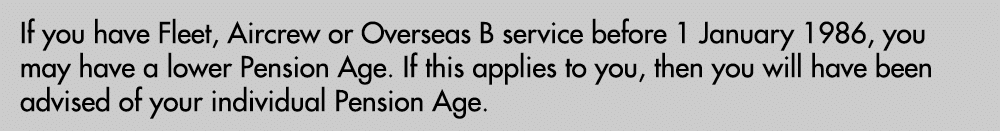 If you have Fleet, Aircrew or Overseas B service before 1 January 1986, you may have a lower Pension Age. If this app...