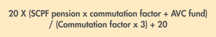 20 X (SCPF pension x commutation factor + AVC fund) / (Commutation factor x 3) + 20