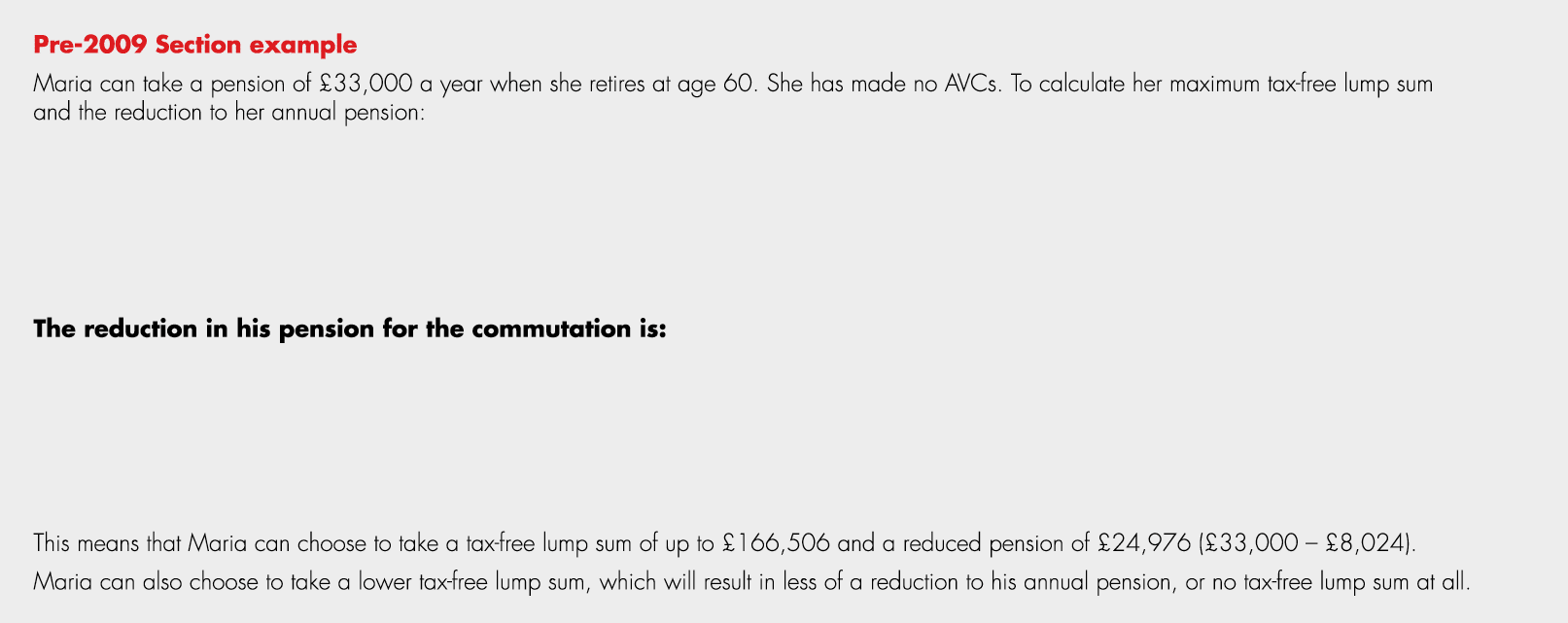Pre 2009 Section example Maria can take a pension of £33,000 a year when she retires at age 60. She has made no AVCs....