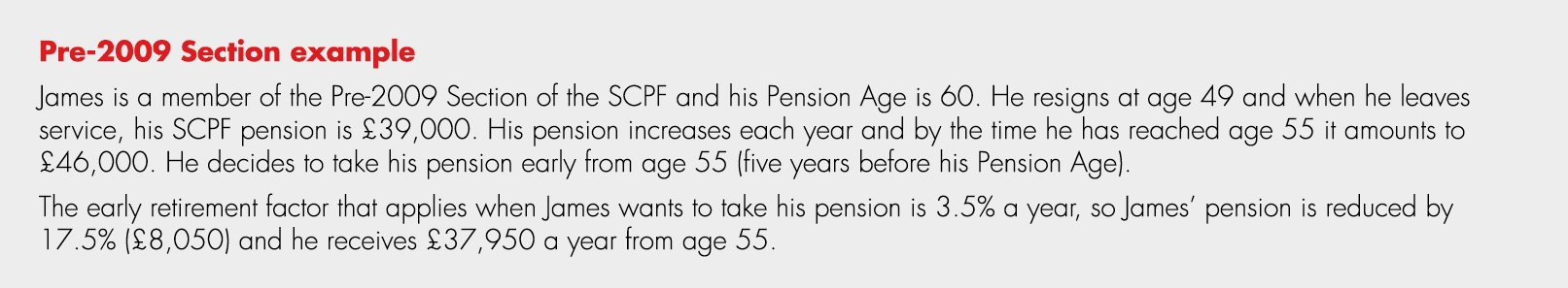 Pre 2009 Section example James is a member of the Pre 2009 Section of the SCPF and his Pension Age is 60. He resigns ...