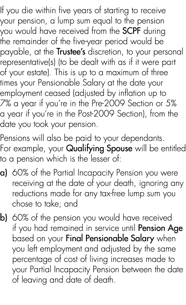 If you die within five years of starting to receive your pension, a lump sum equal to the pension you would have rece...