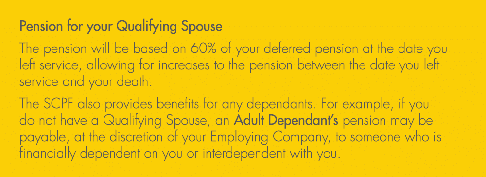 Pension for your Qualifying Spouse The pension will be based on 60% of your deferred pension at the date you left ser...